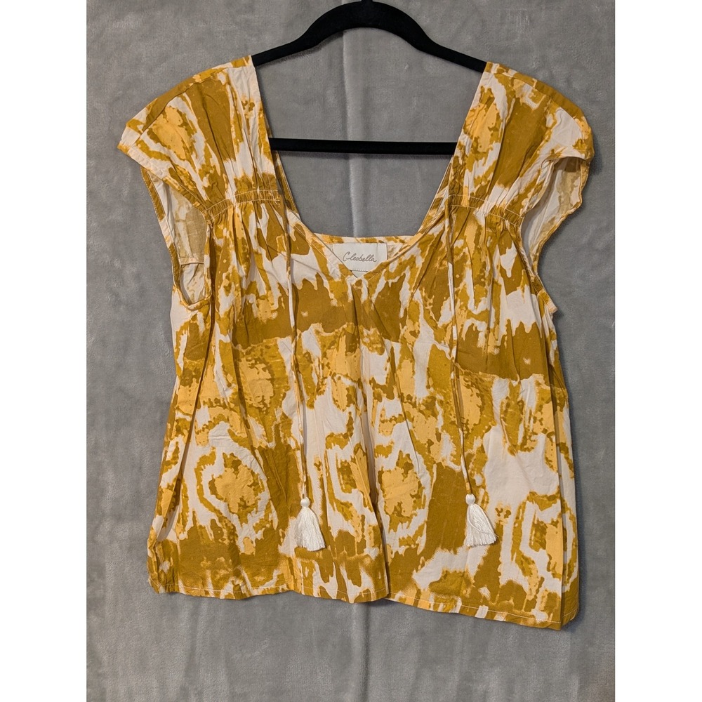 Cleobella Blouse‎ Womens Small Mustard Yellow Abstract Batik Tassel Tie Top